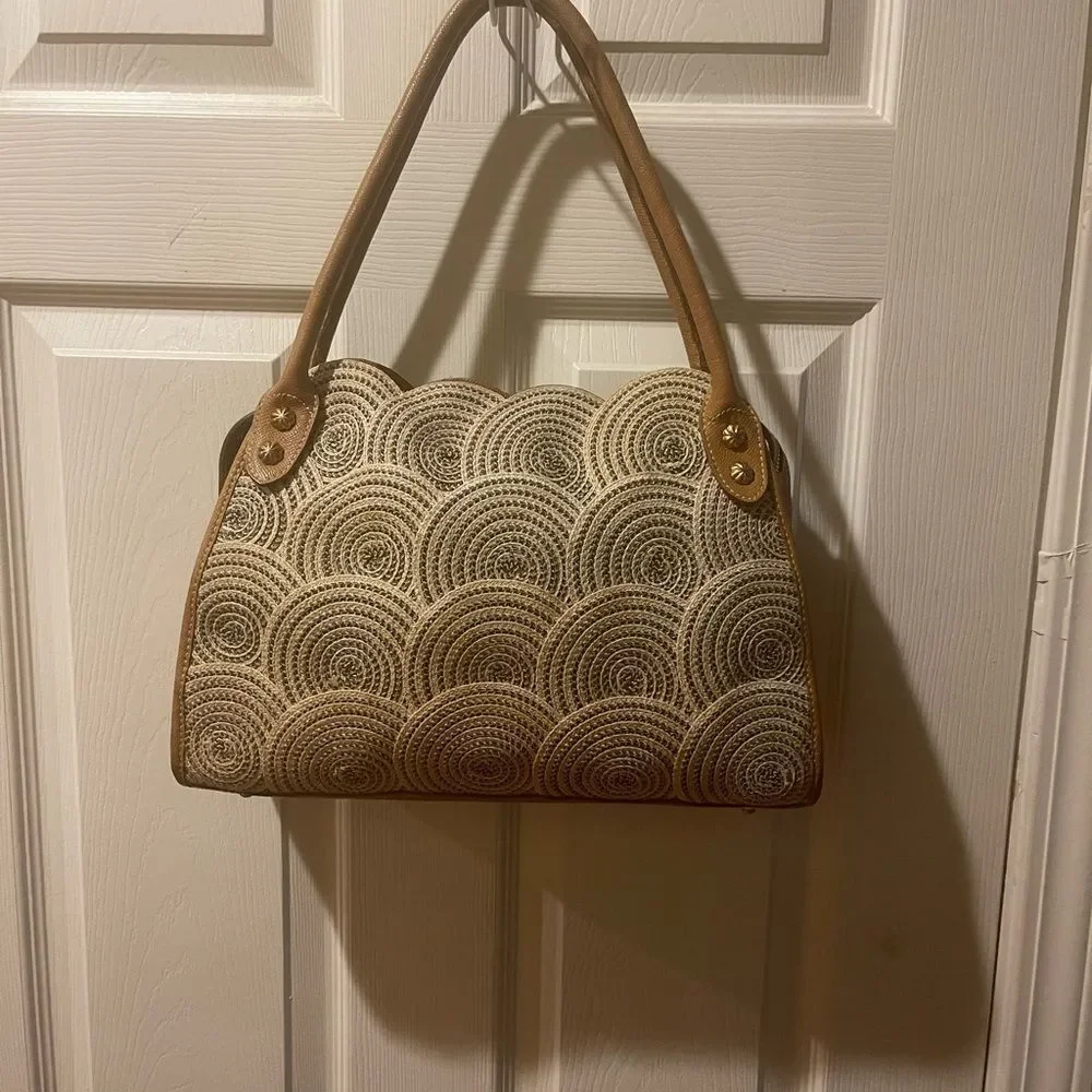 ERIC JAVITS NY Natural Rafia Woven & tan leather straps & Trims Shoulder Bag